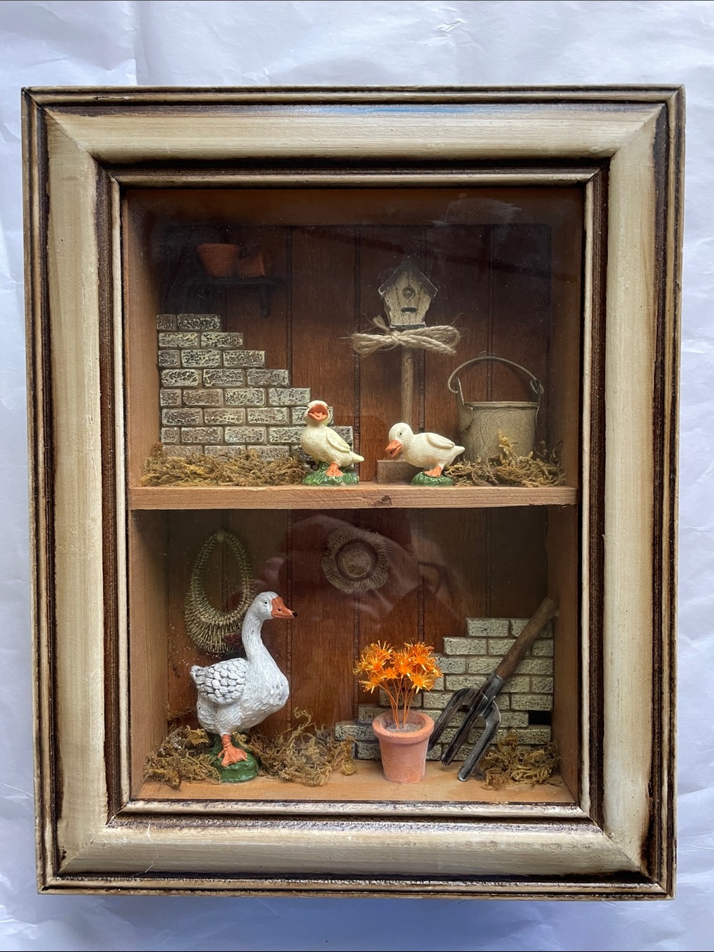 Vintage Farmhouse Goose and ducks Shadow Box Wall Art - Glass front  Cream Frame